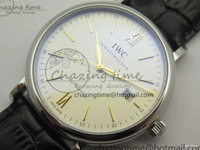 MIROTIME 0523 Affordable Portofino IW356501 SS V3 MK 1:1 Best Edition White Dial Gold Markers On Black Leather Strap MIYOTA 7196